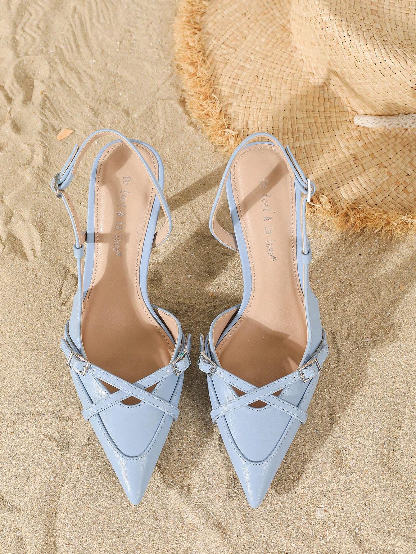 Women's Elegant Crisscross Strap Pointed Toe V-Cut Buckle High Heel Pumps shein