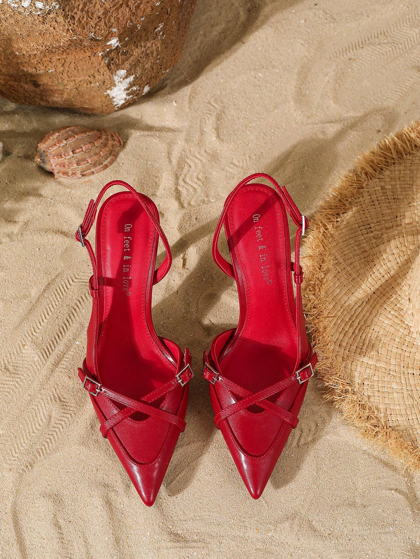 Women's Elegant Crisscross Strap Pointed Toe V-Cut Buckle High Heel Pumps shein