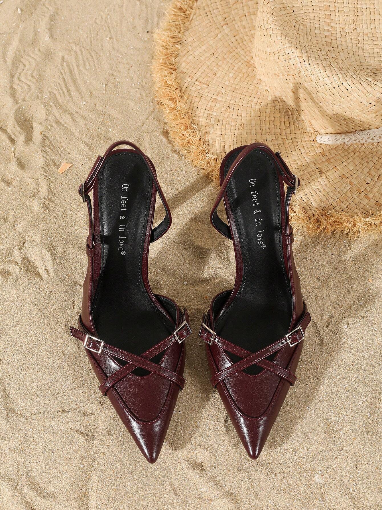 Women's Elegant Crisscross Strap Pointed Toe V-Cut Buckle High Heel Pumps shein