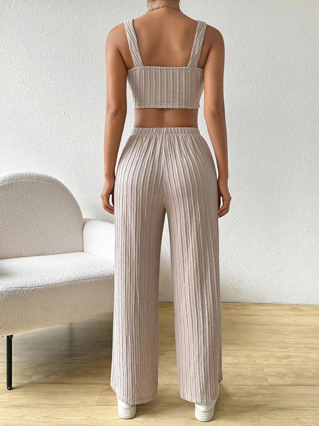 EZwear Solid Crop Cami Top & Wide Leg Pants shein