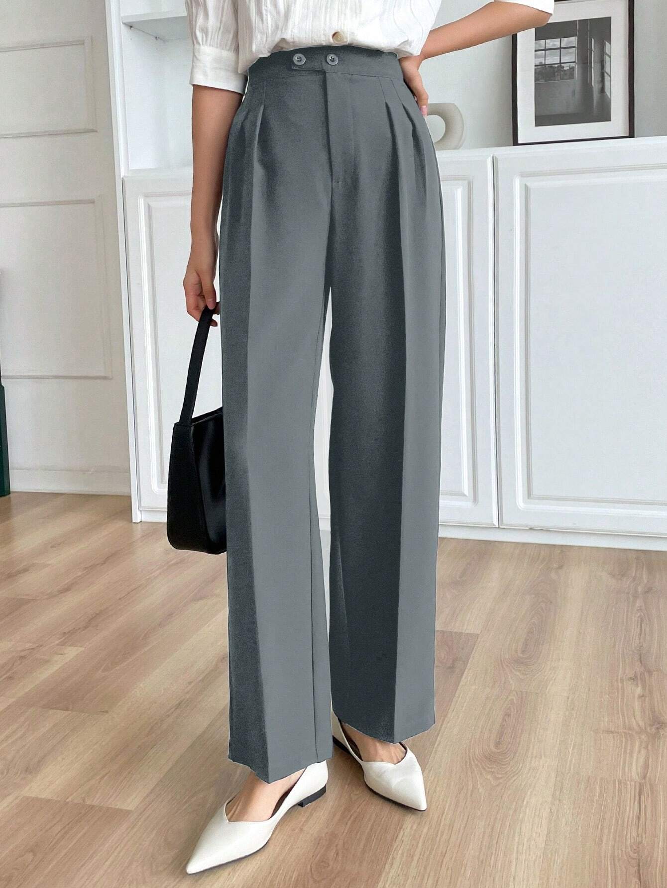 Solid Color Buttoned Straight Leg Regular Fit Casual Pants shein