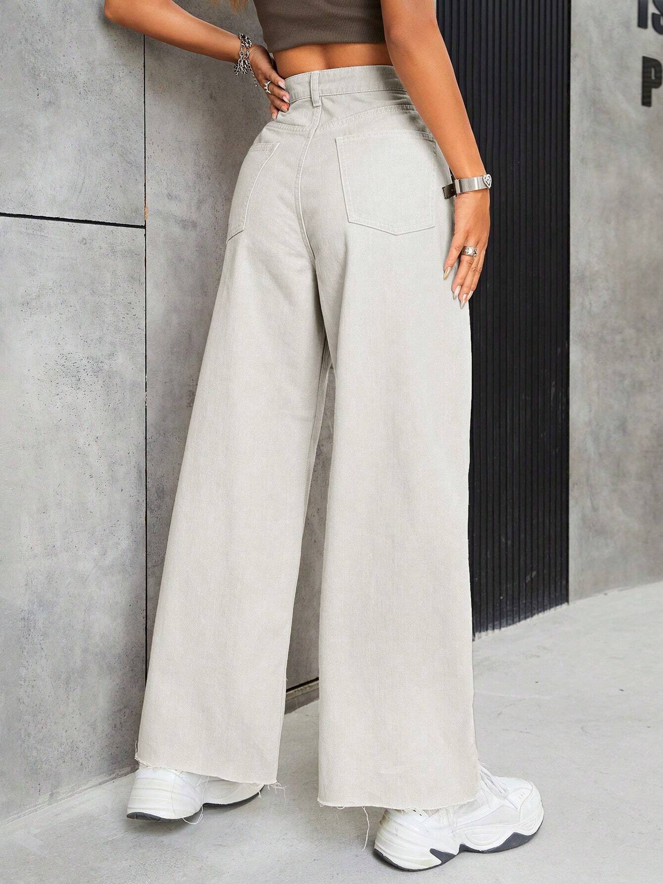 EZwear Women's Casual Daily Wear Wide Leg Denim Pants shein
