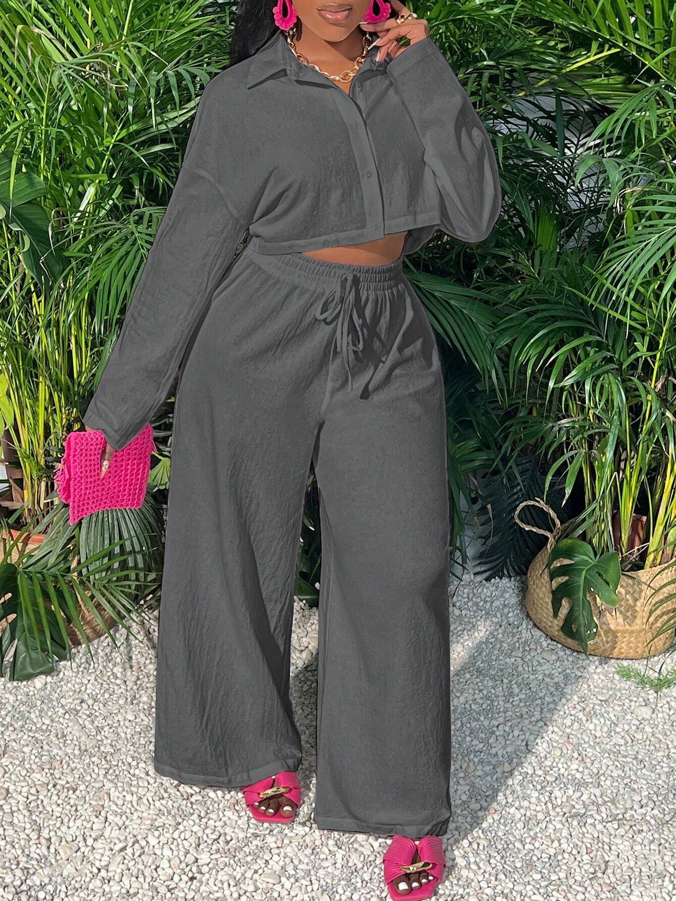 Slayr Casual Loose White Long Sleeve Cropped Shirt Top And Wide Leg Pants shein