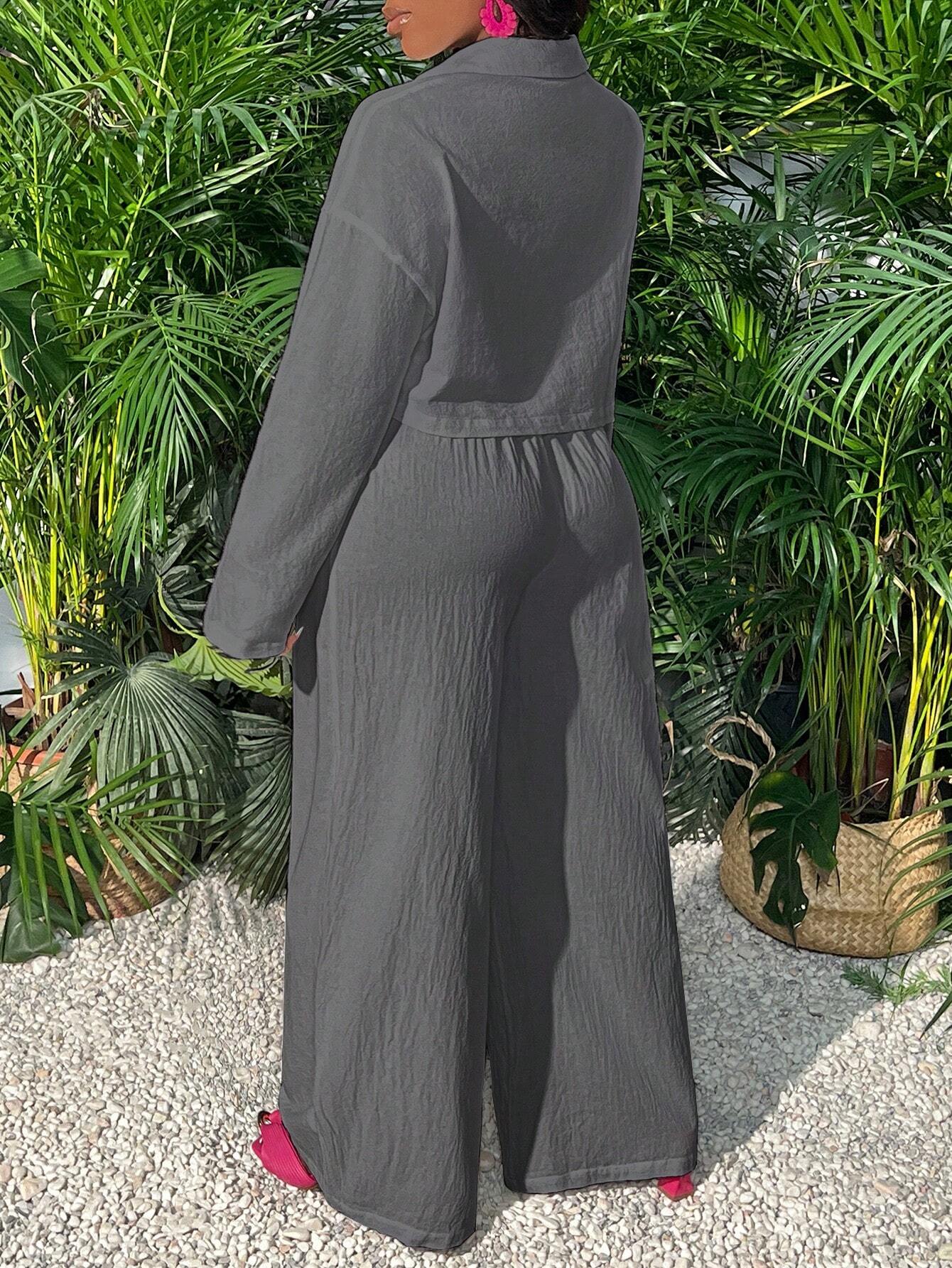 Slayr Casual Loose White Long Sleeve Cropped Shirt Top And Wide Leg Pants shein