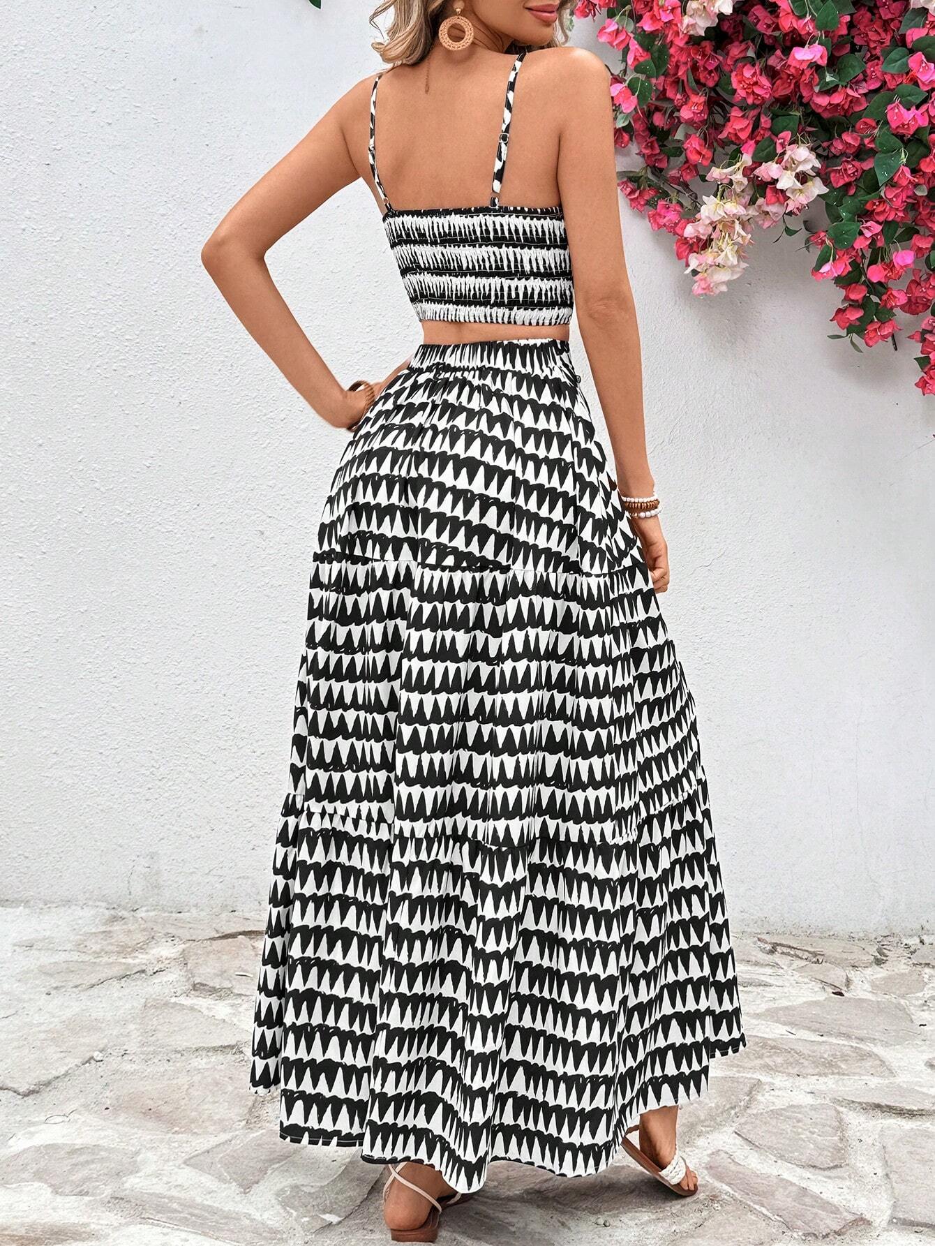 VCAY Floral Printed Spaghetti Strap Twist Front Sleeveless Top And Ruffled Hem Skirt shein