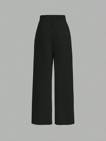 MOD Solid Button Front Wide Leg Pants shein