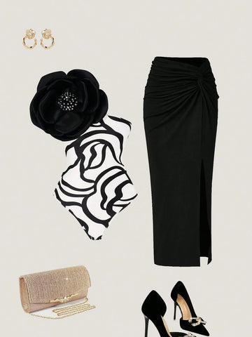 Priv� Stereo Flower Decorated Bodysuit & Twist Front Split Thigh Skirt