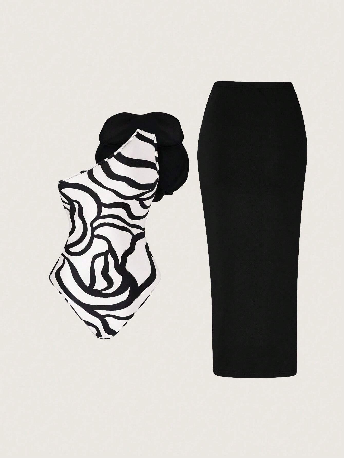 Priv� Stereo Flower Decorated Bodysuit & Twist Front Split Thigh Skirt