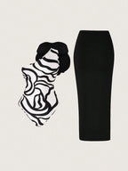 Priv� Stereo Flower Decorated Bodysuit & Twist Front Split Thigh Skirt shein