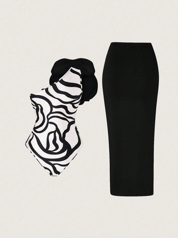 Priv� Stereo Flower Decorated Bodysuit & Twist Front Split Thigh Skirt
