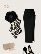 Priv� Stereo Flower Decorated Bodysuit & Twist Front Split Thigh Skirt shein