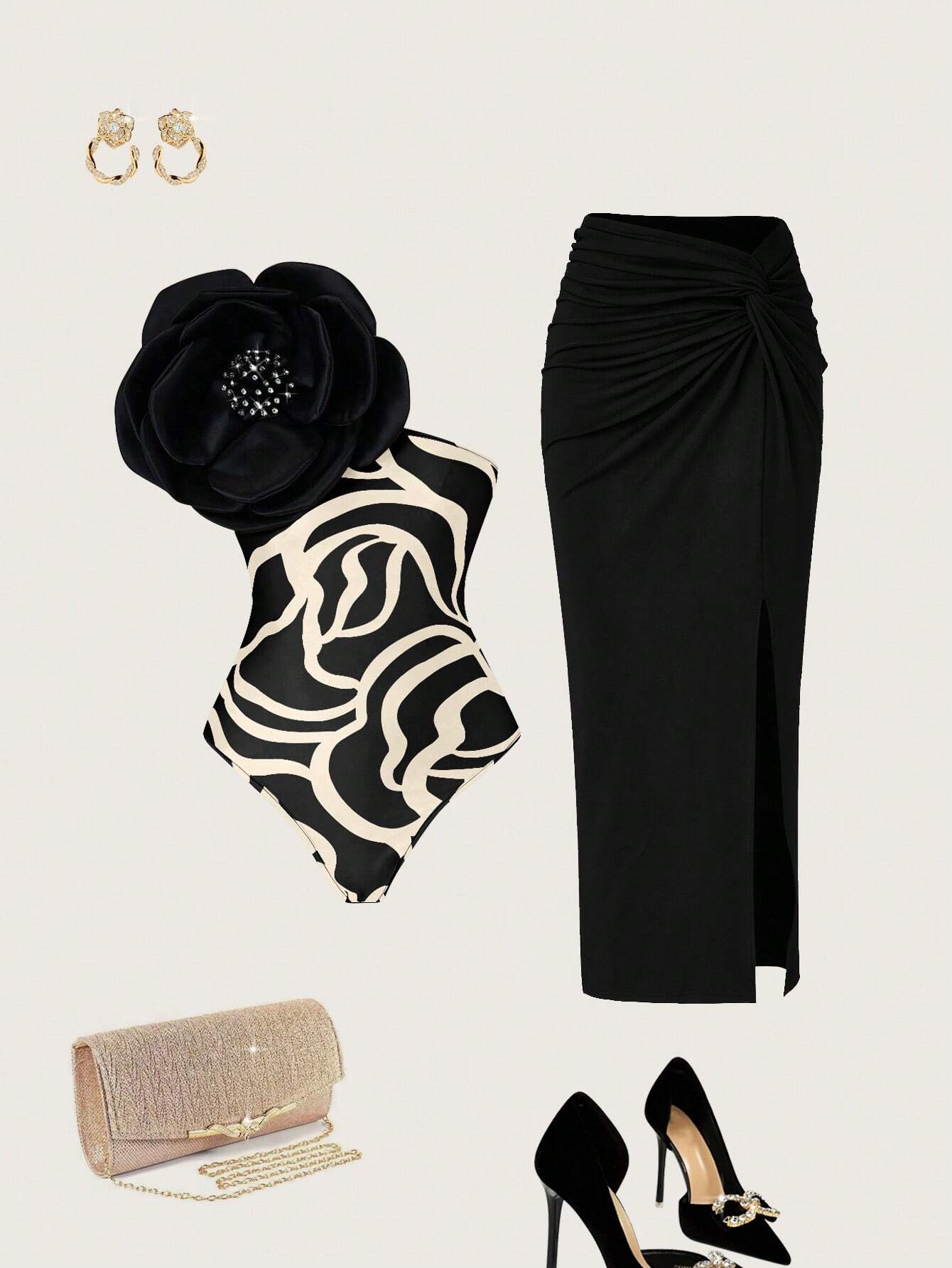 Priv� Stereo Flower Decorated Bodysuit & Twist Front Split Thigh Skirt shein