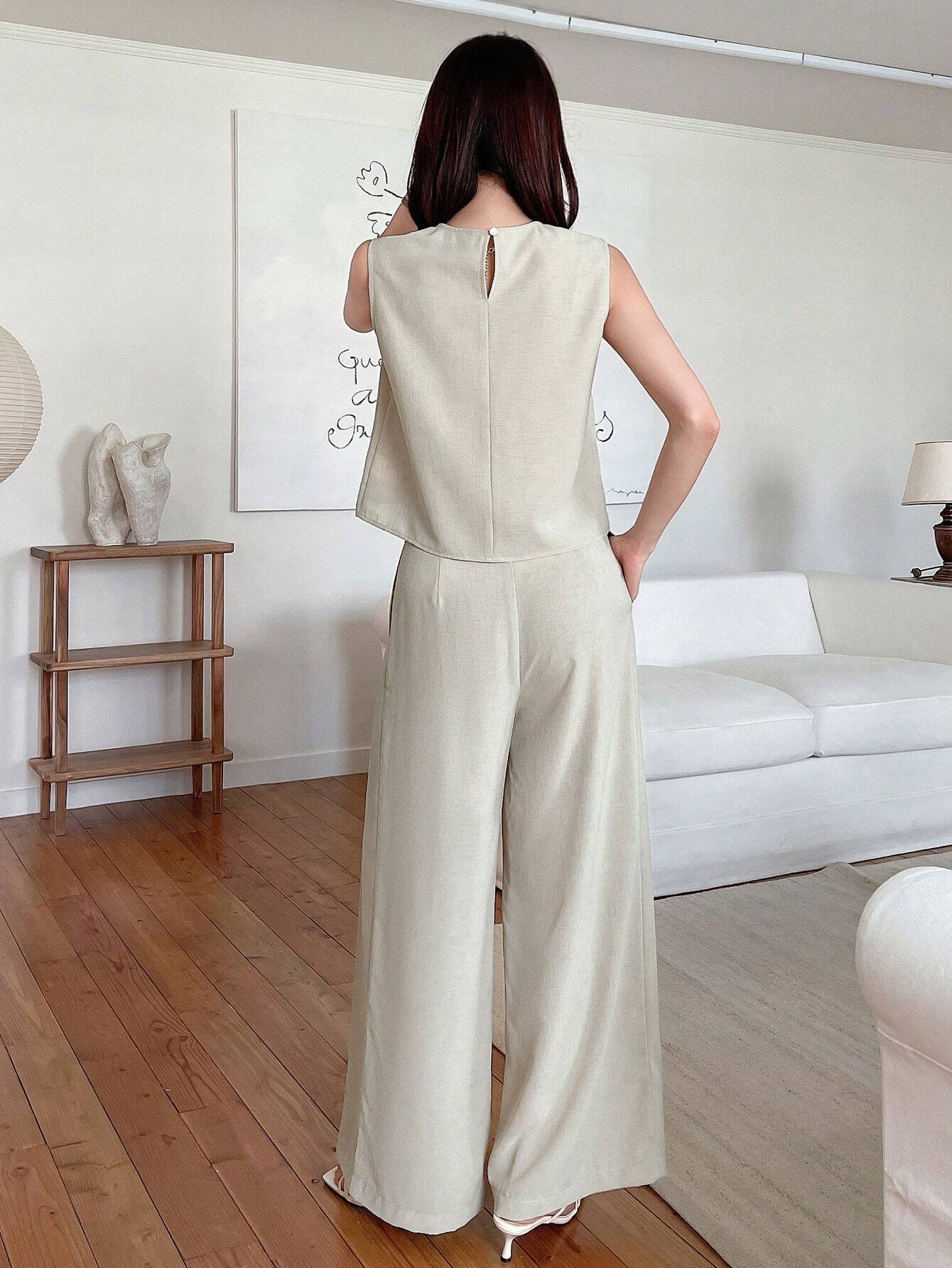 DAZY Women's Monochrome Sleeveless Top And Wide Leg Pants Set shein