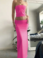 EZwear Ladies' Solid Color Simple Daily Strapless Top And Skirt shein