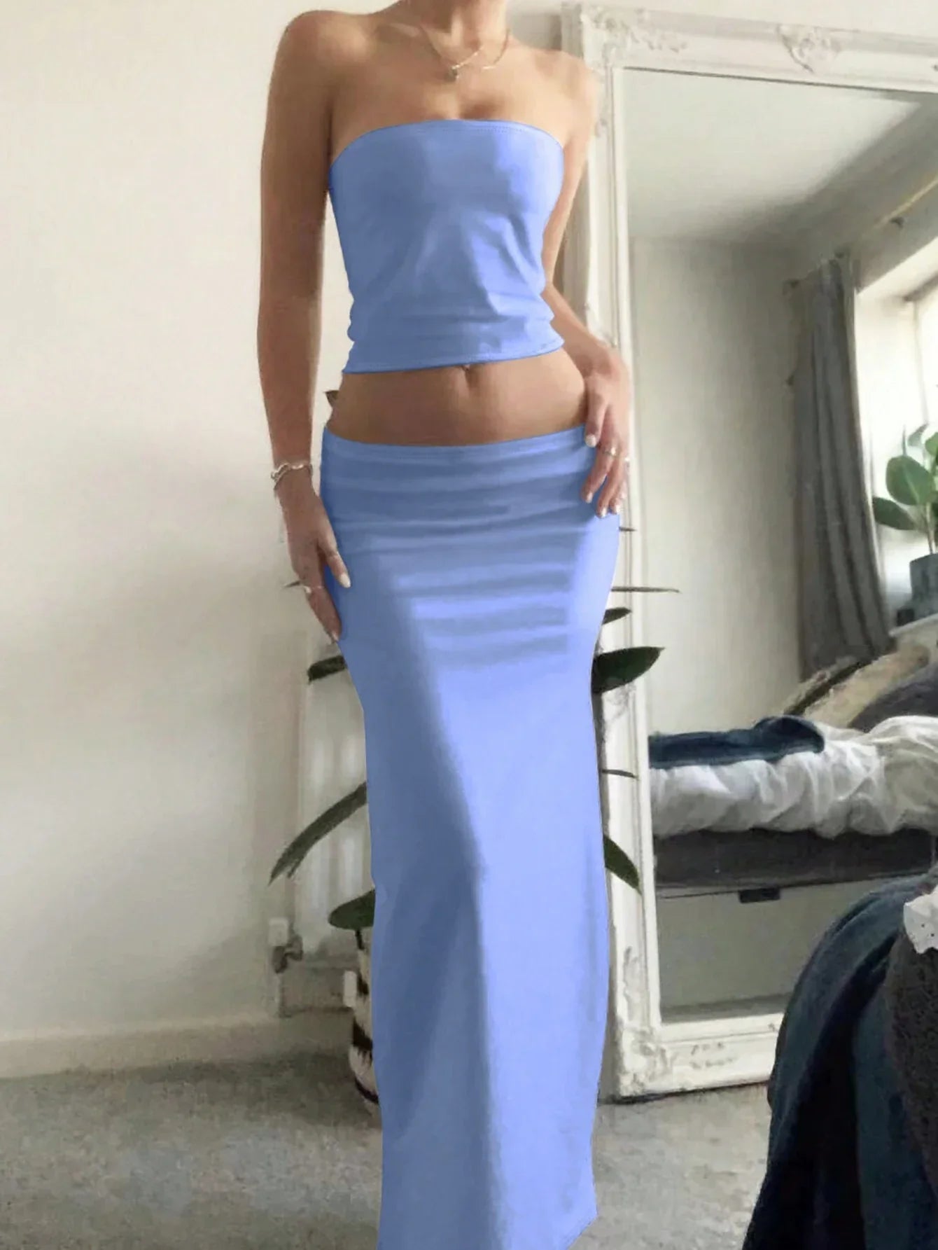EZwear Ladies' Solid Color Simple Daily Strapless Top And Skirt