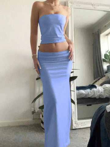 EZwear Ladies' Solid Color Simple Daily Strapless Top And Skirt