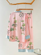 2pcs Women's Ink Print Ice Silk Pajamas, Simple Mandarin Collar Long Sleeve Homewear Set shein
