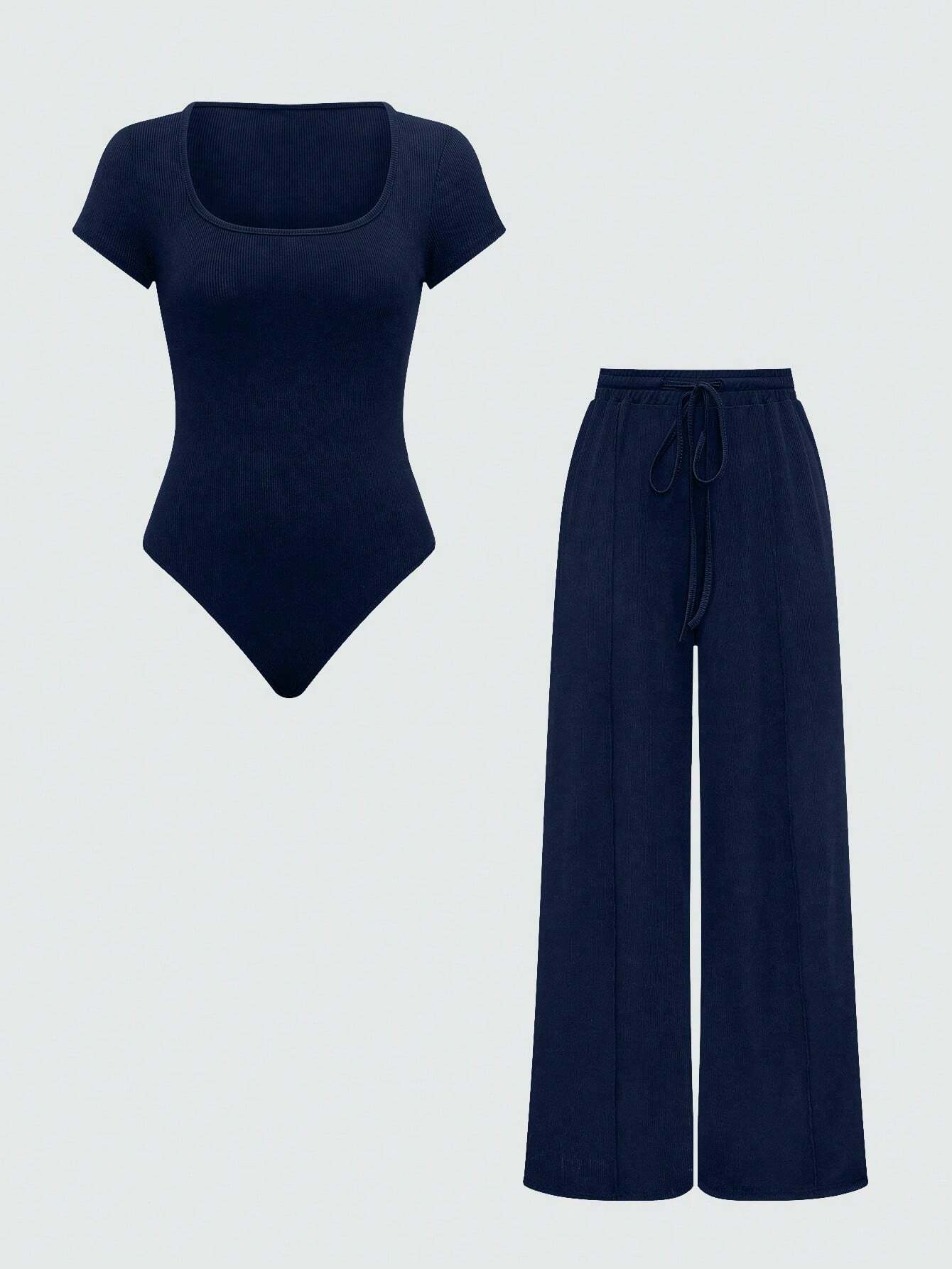 EZwear Plain Color Asymmetric Hem Top And Pants Two Piece Set shein