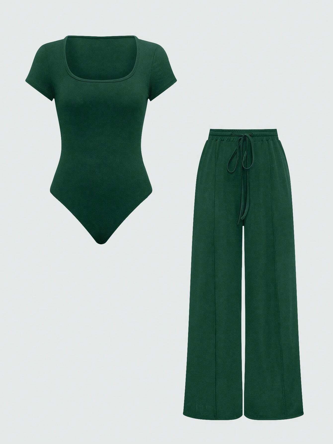 EZwear Plain Color Asymmetric Hem Top And Pants Two Piece Set shein