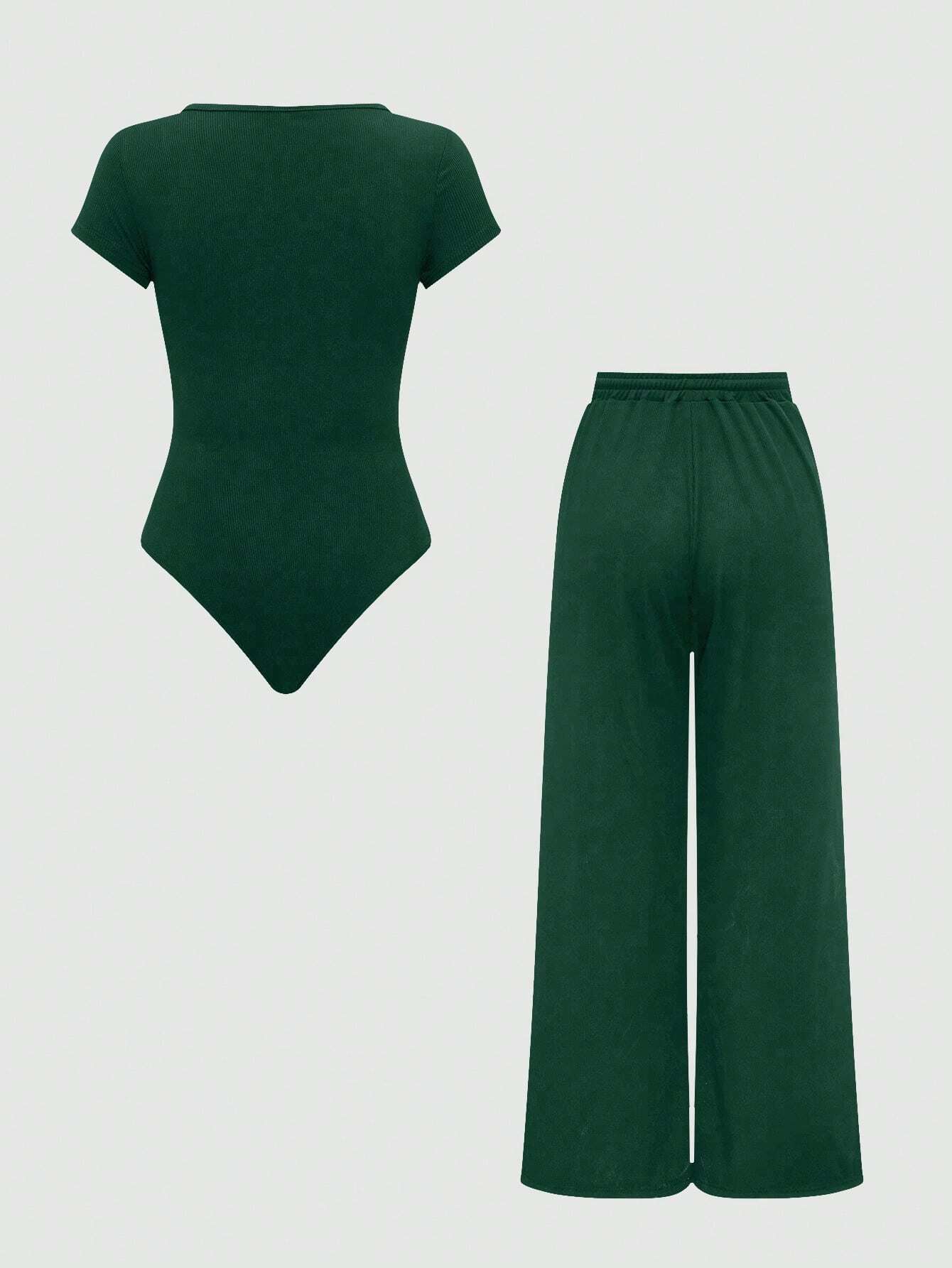 EZwear Plain Color Asymmetric Hem Top And Pants Two Piece Set shein