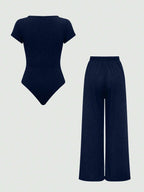 EZwear Plain Color Asymmetric Hem Top And Pants Two Piece Set shein