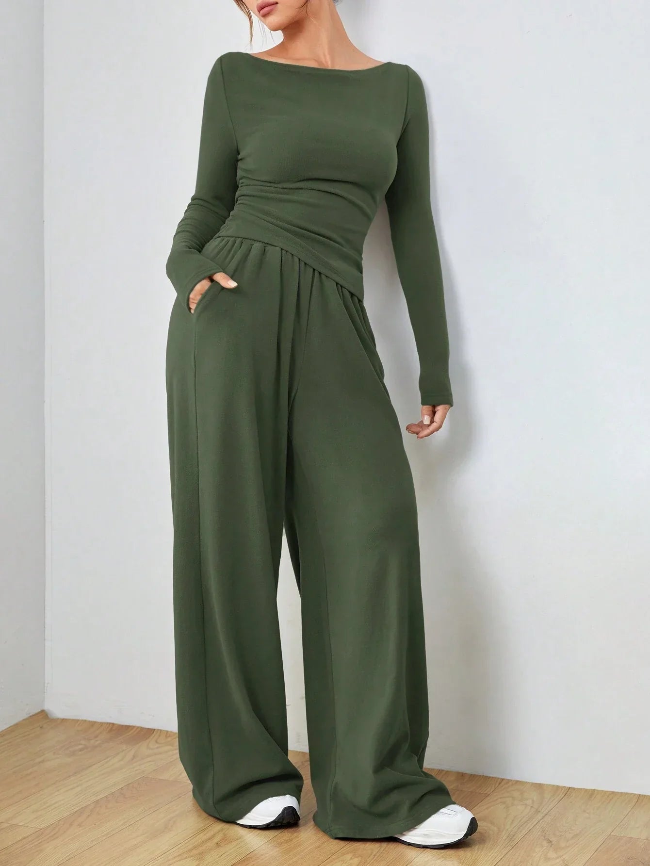 EZwear Knitted Women's Slim Fit Boat Neck Long Sleeve Top And Wide Leg Pants Set shein
