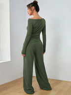 EZwear Knitted Women's Slim Fit Boat Neck Long Sleeve Top And Wide Leg Pants Set shein