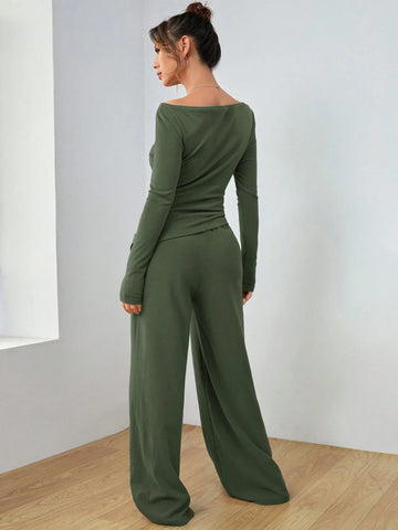 EZwear Knitted Women's Slim Fit Boat Neck Long Sleeve Top And Wide Leg Pants Set