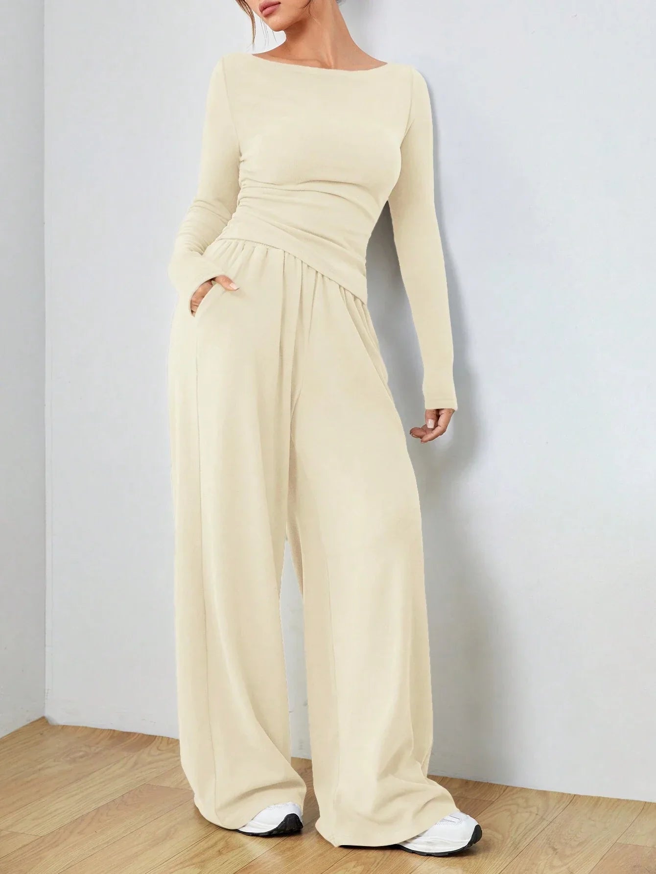 EZwear Knitted Women's Slim Fit Boat Neck Long Sleeve Top And Wide Leg Pants Set shein