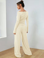 EZwear Knitted Women's Slim Fit Boat Neck Long Sleeve Top And Wide Leg Pants Set shein