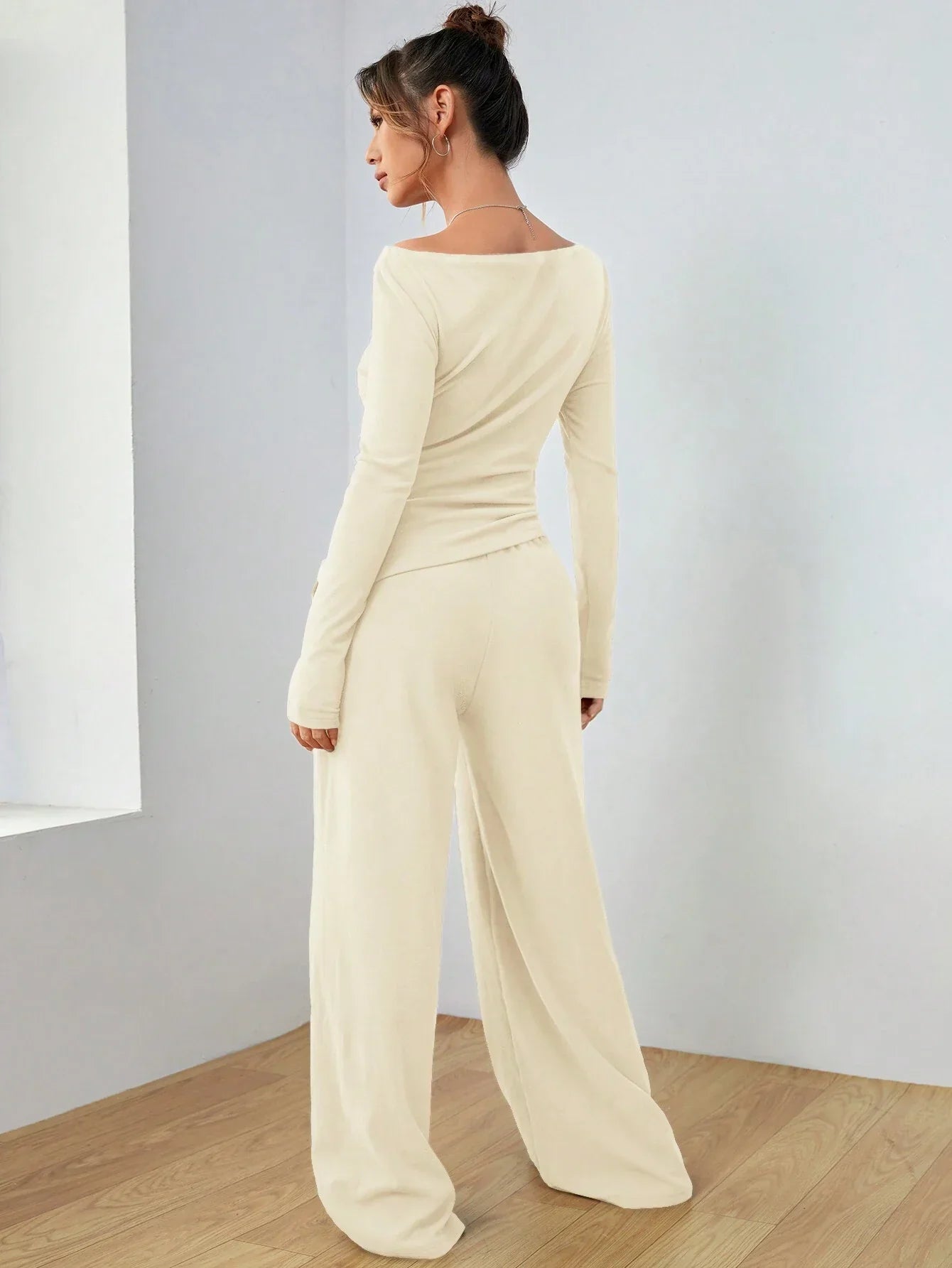 EZwear Knitted Women's Slim Fit Boat Neck Long Sleeve Top And Wide Leg Pants Set shein