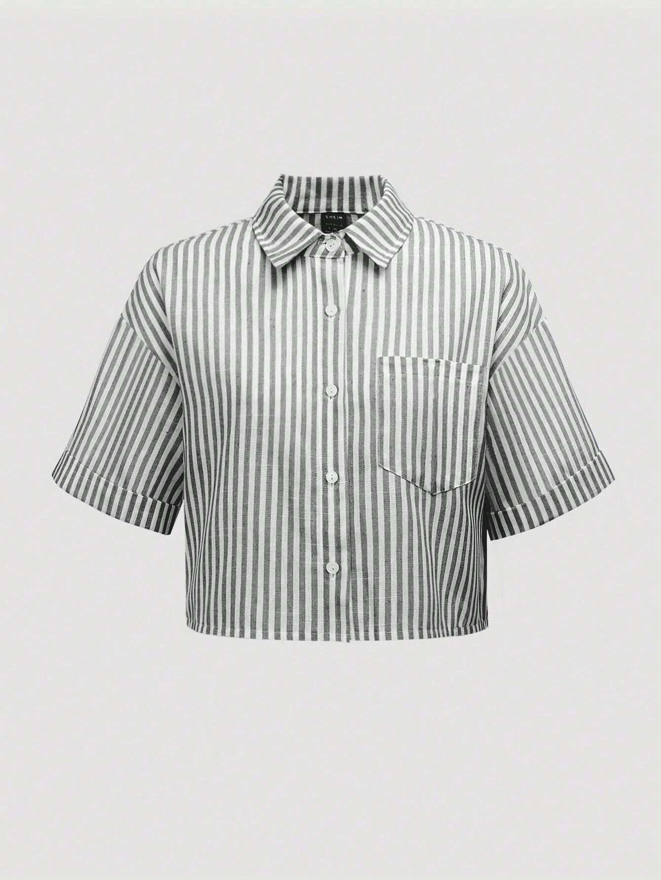 MOOSTA Striped Cropped Relaxed Casual Women Oversized Cuffed Sleeve Blouse shein