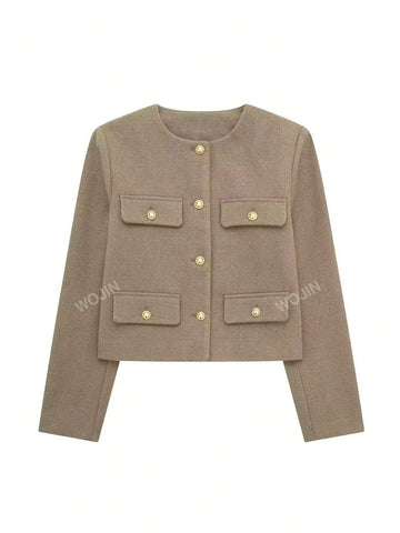 Women's Elegant Casual Tweed Jacket Round Neckline Decorated Long Sleeves Solid Colour Coat shein