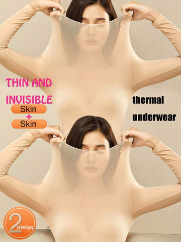 2 Pcs Women's Seamless Ultra-Thin Thermal Underwear - Soft & Comfy Long Sleeve Round Neck Top