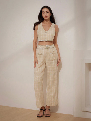 Privé Elegant Plaid Pattern Lace Trim Crop Top And Wide Leg Pants Set For Women shein