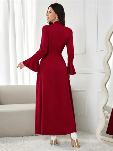 Modely Women's Elegant Solid Color Stand Collar Dress With Flared Sleeves shein