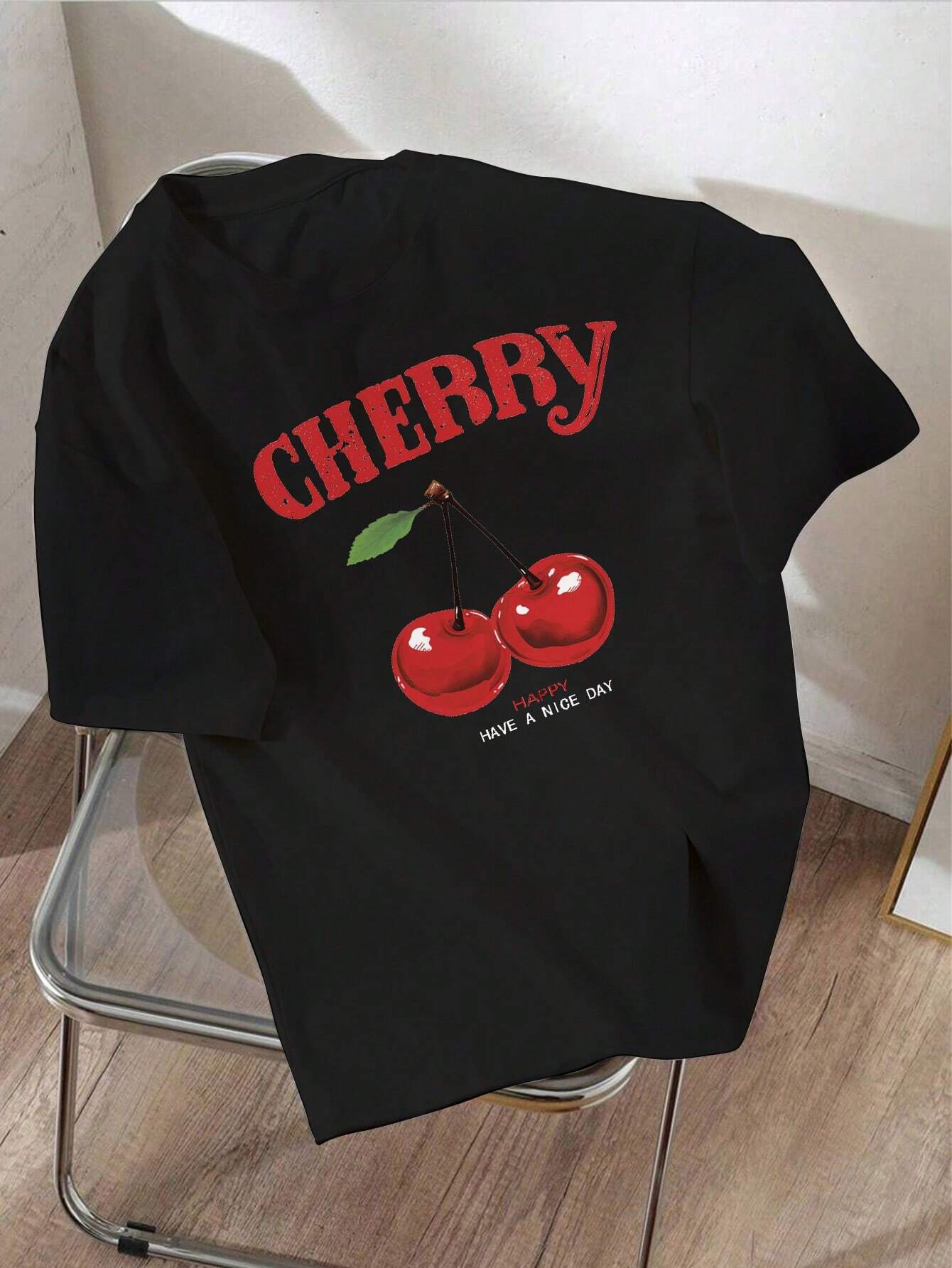 EZwear Oversized Casual Cherry Pattern Round Neck Short Sleeve T-Shirt shein