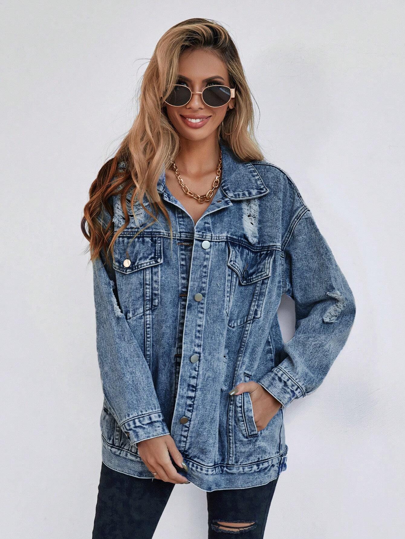 Frenchy Ripped Drop Shoulder Denim Coat