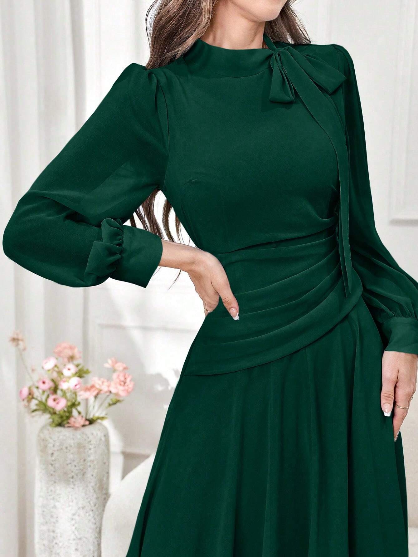 Modely Elegant Solid Color V-Neck Tie Waist Women's Dress shein