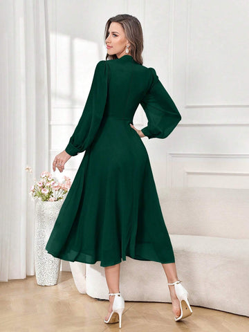 Modely Elegant Solid Color V-Neck Tie Waist Women's Dress