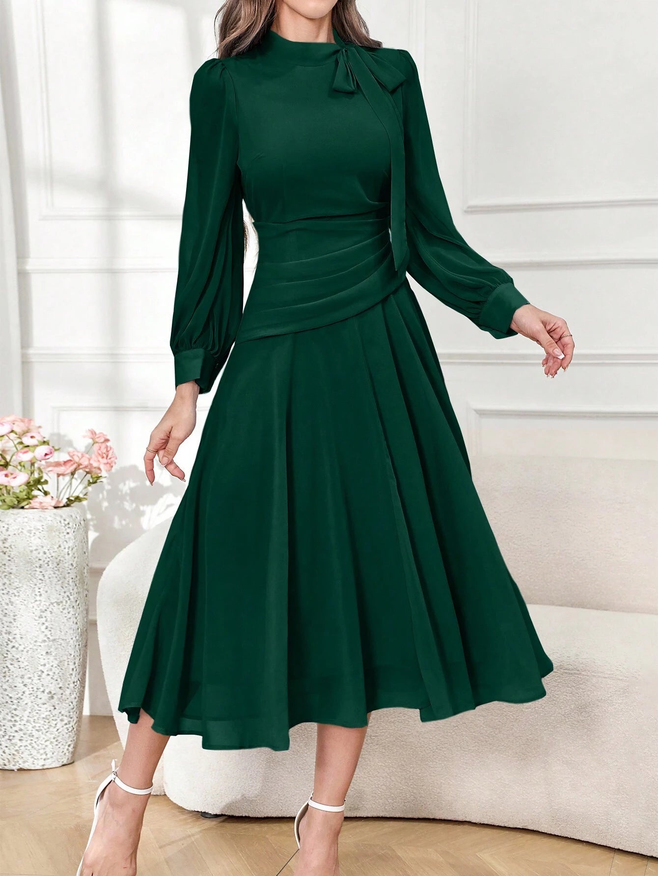 Modely Elegant Solid Color V-Neck Tie Waist Women's Dress shein