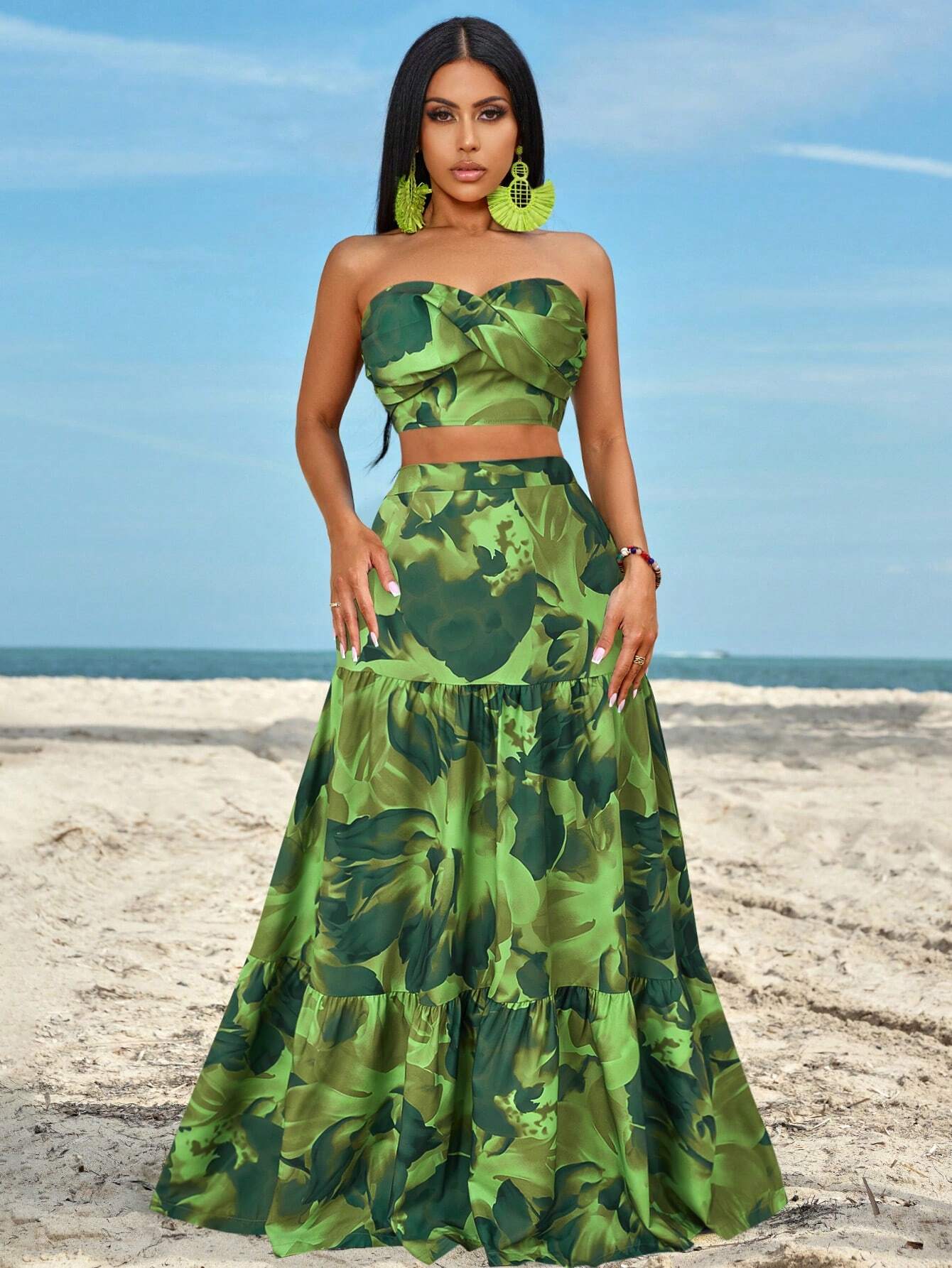 Slayr Ruched Side Twist Bandeau Top And Split Thigh Ruffle Hem Skirt Set shein