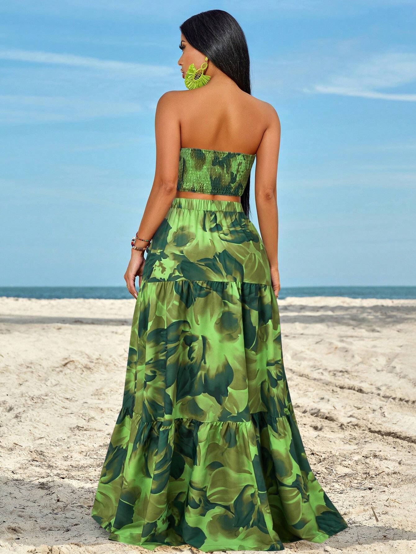 Slayr Ruched Side Twist Bandeau Top And Split Thigh Ruffle Hem Skirt Set shein