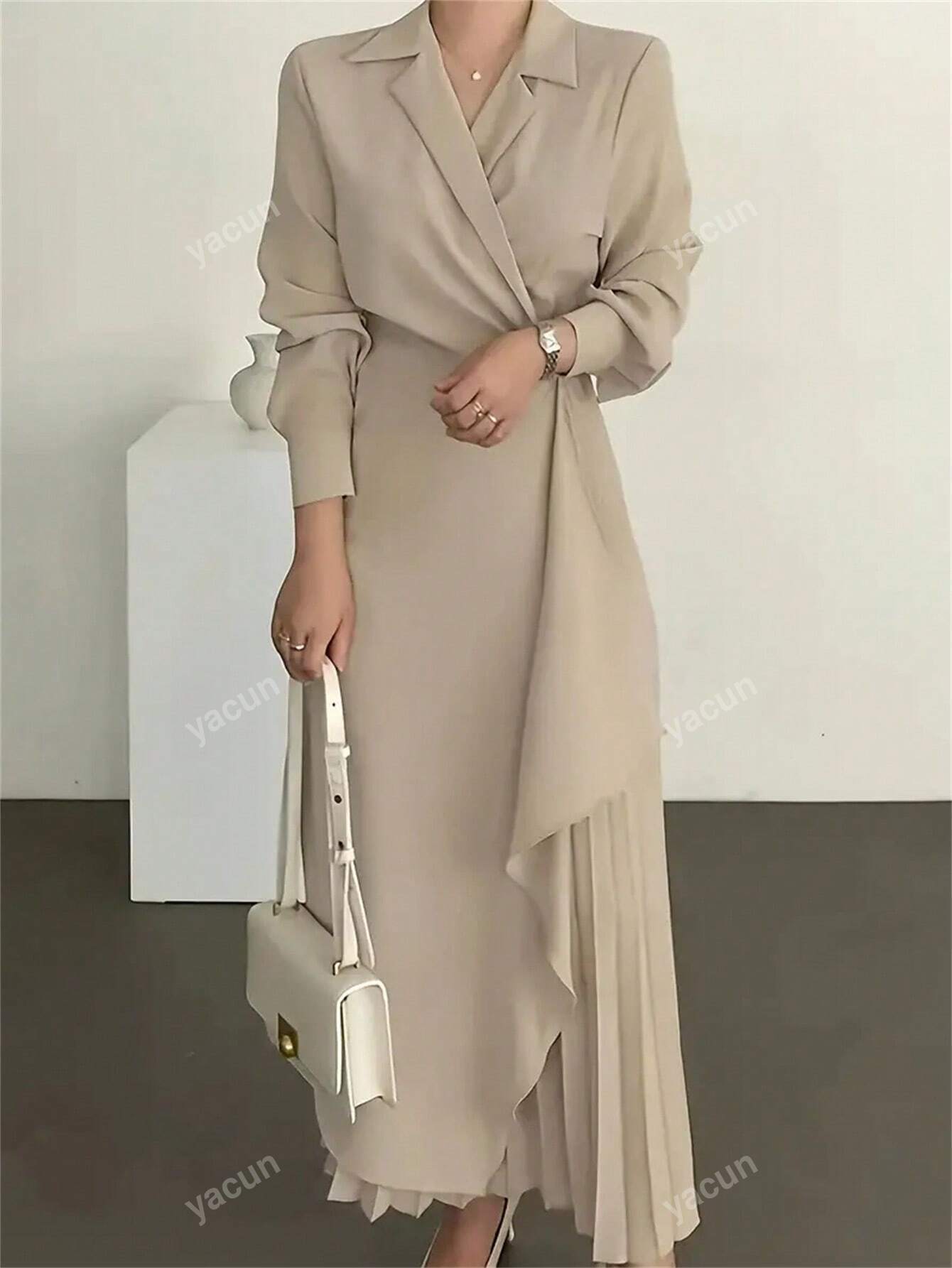 Womens Elegant Formal Long Sleeve Solid Color Belted Dress shein