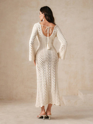 AZ Solid Color Knitted Hollow Out Wave Shaped Flare Sleeve dress shein