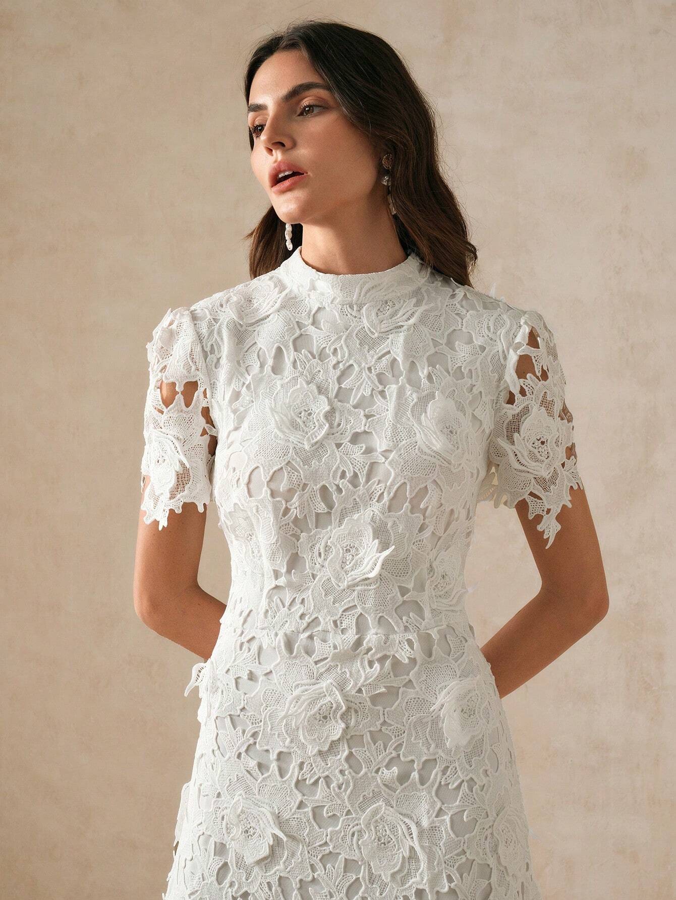Anewsta Women's Elegant Fitted Water-Soluble Lace Short Sleeve Waist Cinched Mini Dress shein