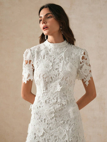 Anewsta Women's Elegant Fitted Water-Soluble Lace Short Sleeve Waist Cinched Mini Dress