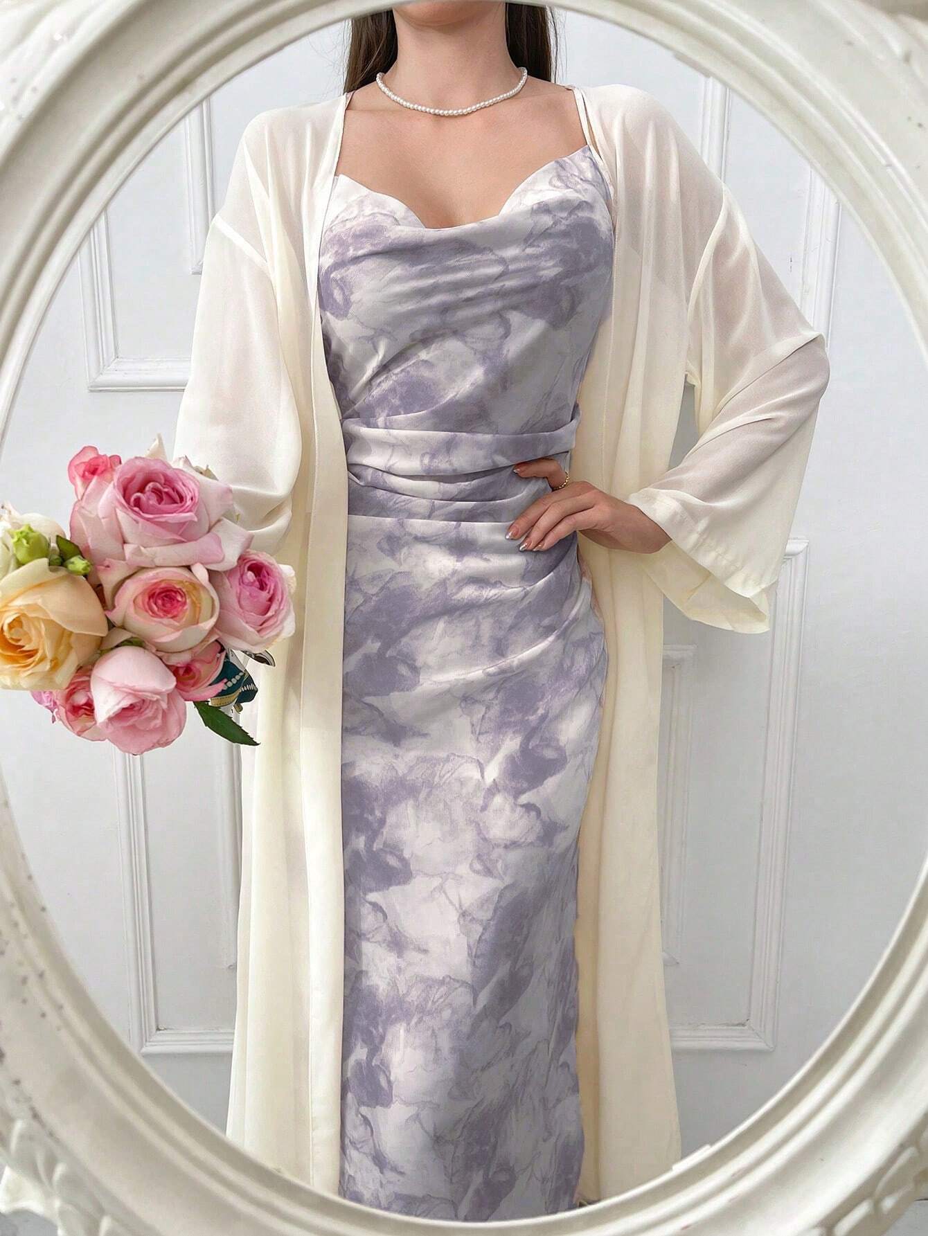 Modely Tie Dye Cowl Neck Cami Dress & Solid Drop Shoulder Coat Sets shein