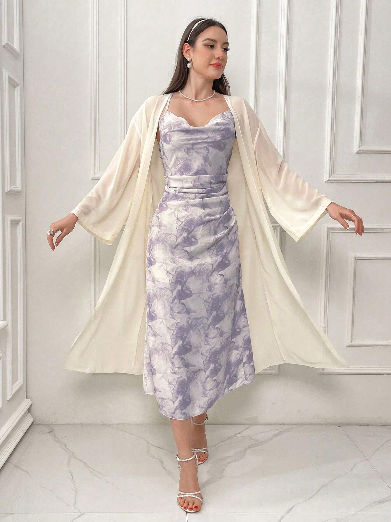 Modely Tie Dye Cowl Neck Cami Dress & Solid Drop Shoulder Coat Sets shein