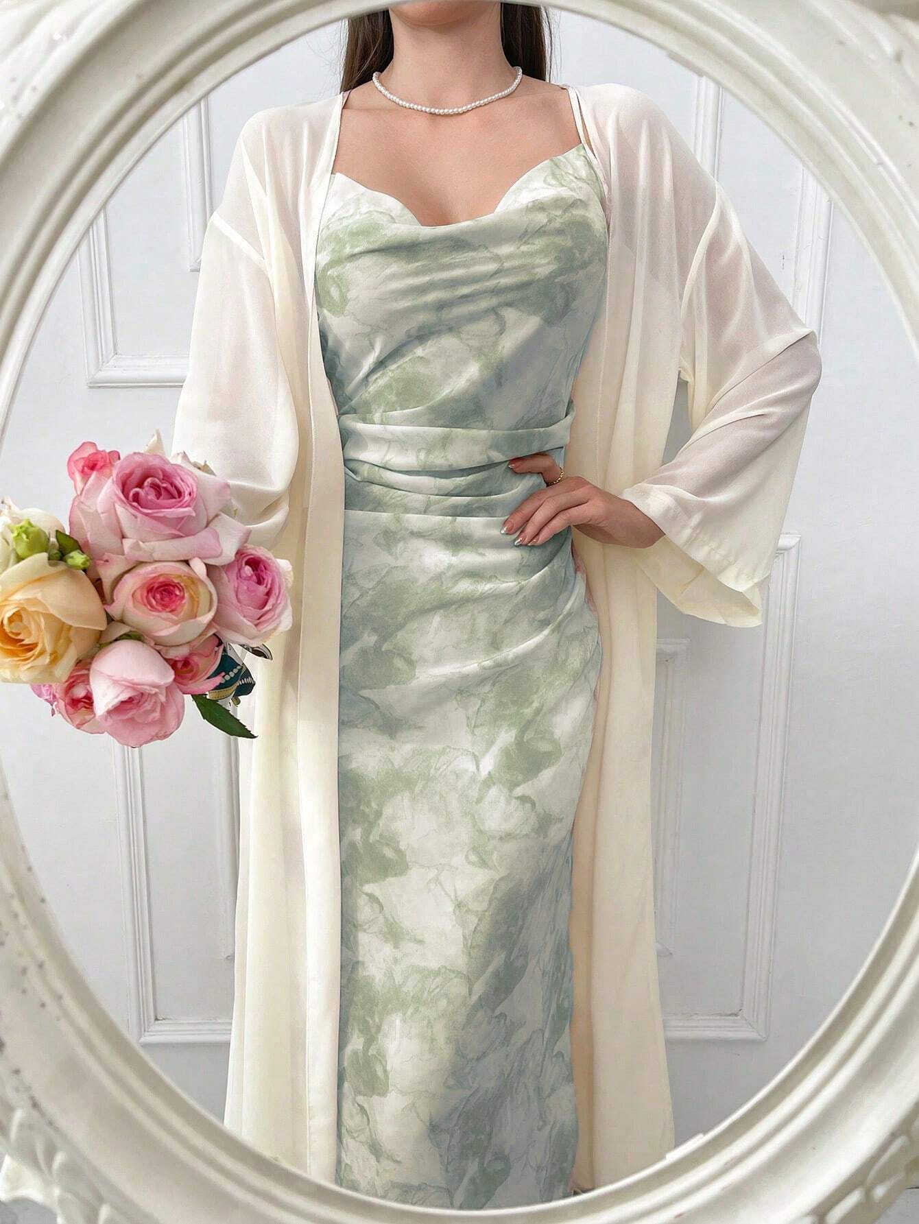 Modely Tie Dye Cowl Neck Cami Dress & Solid Drop Shoulder Coat Sets shein